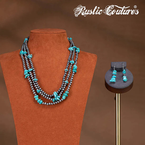Ensemble collier et boucles d'oreilles Rustic Couture's Chips Turquoise